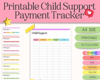 Könnte beinhalten: Druckbarer Kindergeld-Zahlungstracker im A4-Format. Der Tracker hat Spalten für das erwartete Datum, die Beschreibung, den Betrag, das tatsächliche Zahlungsdatum und Notizen. Der Tracker ist in 10 Farben erhältlich: Regenbogen, Rot, Rosa, Orange, Gelb, Grün, Himmelblau, Blau, Lila und Lila.