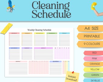 May include: Printable cleaning schedule planner in A4 size with 9 color options: red, pink, orange, yellow, green, sky blue, blue, purple, and black. The planner includes sections for daily, weekly, monthly, and quarterly tasks.