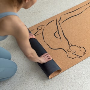 Cork Mat for Yoga, Hot Yoga, Pilates, Meditation and Exercise. Canadian Designer art work of Yoga Poses -Leela (Half Pigeon), Indoor/Outdoor
