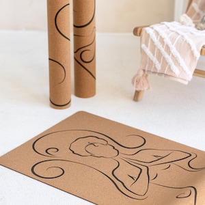 Cork Mat for Yoga, Hot Yoga, Pilates, Meditation and Exercise. Canadian Designer art work of Yoga Poses -Grace (Tree Pose), Indoor/Outdoor