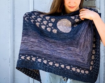 Shawl Knitting Pattern (PDF) - Bright Night Shawl - knitting pattern for a 3 color shawl with moon colorwork patterns