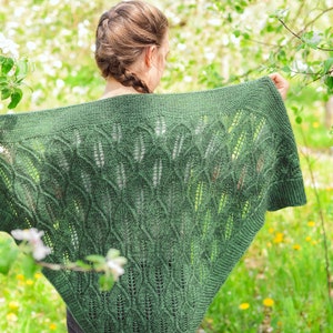 May include: A green knitted shawl with a lacy pattern, worn by a person standing in a garden with blossoming trees.