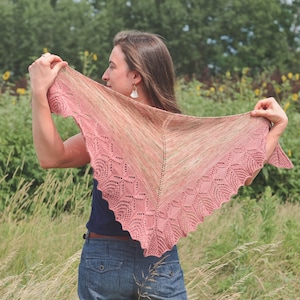 May include: A pink and green knitted shawl with a delicate lace pattern. The shawl is draped over a person's shoulders and held in their hands.