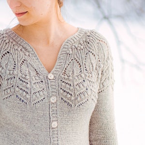May include: A light gray knitted cardigan with a V-neck and button closure. The cardigan features a delicate lace pattern and a textured design.