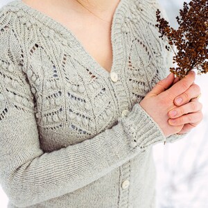 May include: A light gray knitted cardigan with a button-up front and a delicate lace pattern. The cardigan is worn by a person holding a bouquet of dried flowers.