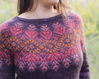 Patron de tricot (PDF) - Pull Amalgame d'automne - Patron de tricot pour créer un chandail pour femme avec un empiècement en jacquard