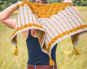 Knitting Pattern (PDF) - Harvest Moon Shawl - 2 color shawl knitting pattern with lace colorwork bobbles