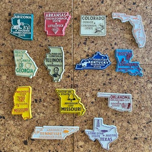 Puede incluir: Una colección de coloridos imanes con forma de estado, cada uno con nombres de estados, ciudades e imágenes icónicas. Los imanes incluyen Arizona, Arkansas, Colorado, Florida, Georgia, Illinois, Kentucky, Luisiana, Mississippi, Misuri, Oklahoma, Tennessee y Texas.