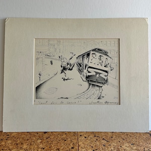Puede incluir: Una ilustración en blanco y negro de un hombre que se cae de un tranvía de San Francisco. El texto "'C'est pour le Casino!" y "Jonathan Murray" son visibles en la imagen.