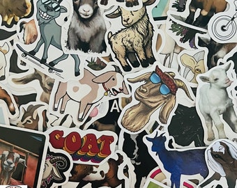 May include: A collection of colorful goat stickers with various designs, including a goat on a skateboard, a goat wearing sunglasses, and a goat with a bandana. The stickers are perfect for adding a touch of whimsy to laptops, water bottles, or journals.