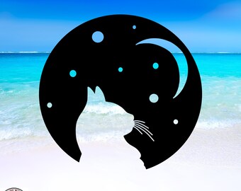 May include: Black and white silhouette of a cat looking up at a crescent moon with stars in the background. The image is set against a blue and white beach scene.