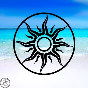 May include: Black and white sun design with a circular frame. The sun has a stylized design with a large circle in the center and rays extending outward.