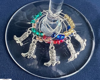 Western Boot Wine Charms: Czech Glass Beaded Cowboy Decor, Set of 5