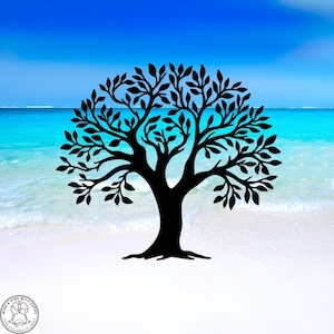 May include: A black silhouette of a tree with a thick trunk and many branches, set against a backdrop of a blue ocean and white sandy beach.