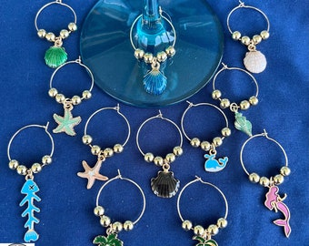 Beach Themed Wine Charms, Nautical, Ocean Themed, Glass Markers, Glass Tags, Hostess Gifts, Housewarming Gift, Set Of 6 or 12, FREE SHIPPING