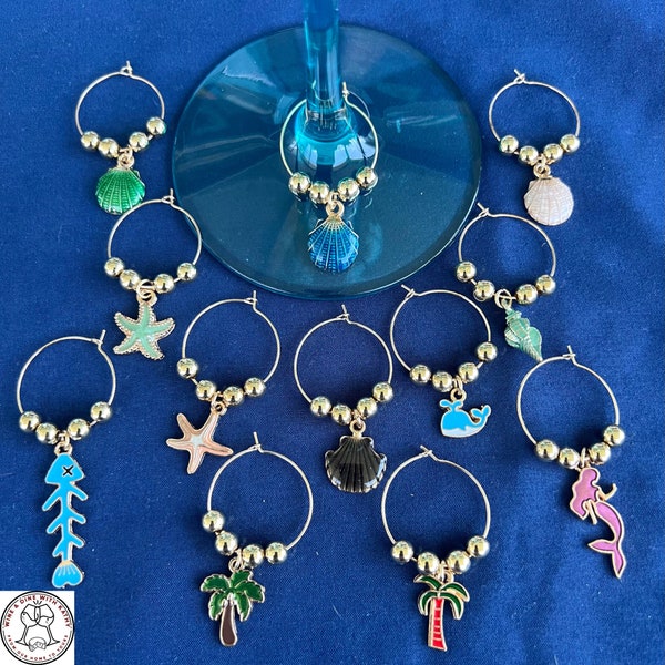 Beach Themed Wine Charms, Nautical, Ocean Themed, Glass Markers, Glass Tags, Hostess Gifts, Housewarming Gift, Set Of 6 or 12, FREE SHIPPING