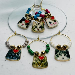 Cat Face Wine Charms, Cute Cat, Wine Charm, Glass Markers, Glass Tags, Hostess Gifts, Housewarming Gifts, Set Of 6 FREE SHIPPING