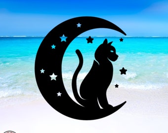 May include: A black cat silhouette sits on a crescent moon, surrounded by stars. The cat has blue eyes. The image is set against a backdrop of a beach with blue sky and water.