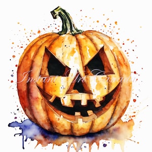 May include: Watercolor painting of a carved pumpkin with a menacing face. The pumpkin is orange with black cut-out eyes and a toothy grin. Green stem and colorful paint splatters add to the Halloween theme. Text in the image reads "Instant Art Canada".