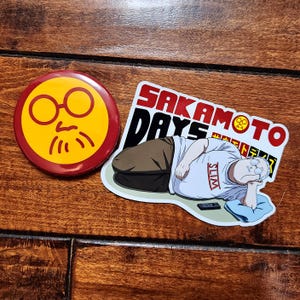 Sakamoto Anime Sticker and Button Set – Cool Anime Character Merch, Otaku Gift, Laptop Decal, Pinback Button, Manga Fan Art