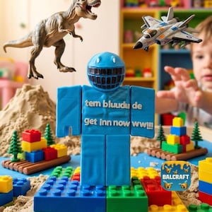 May include: A blue toy robot with the text "tem bluudu de get inn now ww!!!" is surrounded by colorful building blocks, a toy dinosaur, and a toy airplane. The scene is set on a sandy surface, suggesting a playful environment.