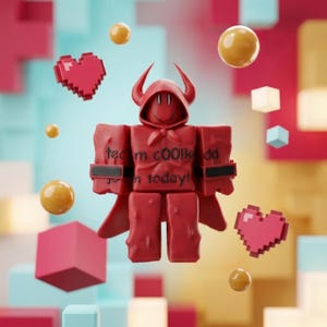 Puede incluir: Una figura roja con capucha y cuernos, sonriendo, con el texto "team c00lkidd in today!". Corazones y esferas pixelados flotan alrededor de la figura, sobre un fondo de formas geométricas rojas, rosas y azules.