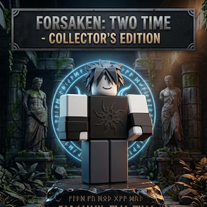 Puede incluir: Imagen digital de un personaje estilizado en blanco y negro, con un diseño solar en el pecho, sobre un pedestal de piedra. El texto "FORSAKEN: TWO TIME - COLLECTOR'S EDITION" está presente. El fondo muestra ruinas antiguas y estatuas.