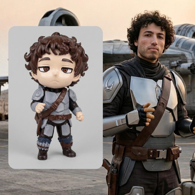 May include: A figurine of a character in armor with a brown satchel and boots. The figure has brown curly hair and is in a fighting stance. Next to the figurine is a person wearing similar armor.