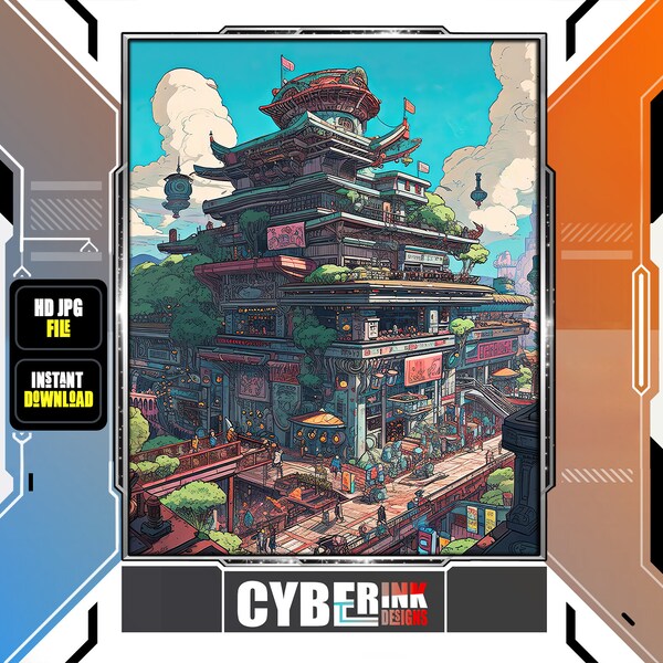 Cyberpunk Landscape Wall Art Anime Cyberpunk Cityscape Print SciFi Fantasy Home Decor Digital Download Poster