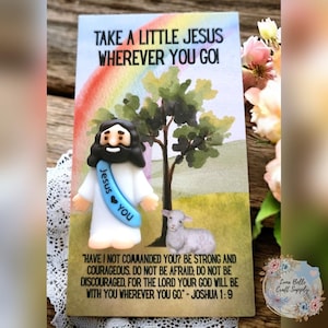 Zakfiguurtjes kleine Jezus, Geloof, neem een kleine Jezus mee, waar je ook gaat Gebedskaart. Christelijke geschenken.