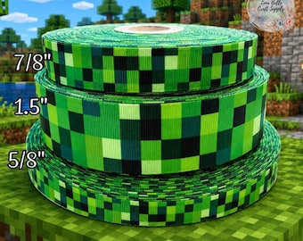 5/8" or 7/8" or 1.5" green pixel mine gamer ribbon