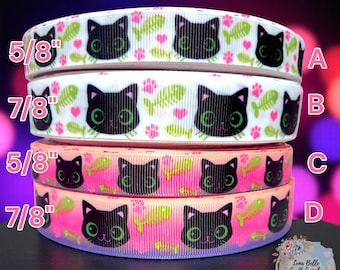 5/8" or 7/8" Black Cat Paw Prints Fish skeletons Ribbon
