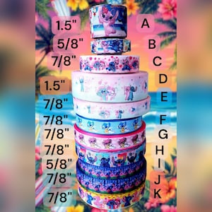May include: A collection of decorative ribbons with cartoon character designs. The ribbons vary in width, with the largest being 3.8 cm wide. The ribbons are in various colours, including pink, blue, and purple, and are decorated with images of a popular animated character.