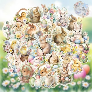 May include: A collection of Easter-themed stickers featuring bunnies, chicks, decorated eggs, and floral arrangements. The stickers are in pastel colors, with a watercolor effect, and are arranged in a circular shape. The Luna Belle Craft Supply logo is visible.