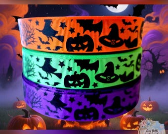 1" geprägtes Halloween-Band mit Fledermäusen, Kürbissen, Hexen und Katzen