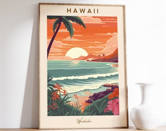 Hawaii Travel Poster | Hawaii Travel Print | Hawaii Wall Decor | Hawaii Art Gift | Hawaii Decor | Waikiki Poster | Vintage Travel Print