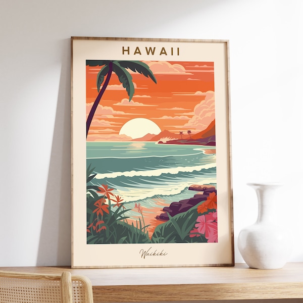 Hawaii Travel Poster | Hawaii Travel Print | Hawaii Wall Decor | Hawaii Art Gift | Hawaii Decor | Waikiki Poster | Vintage Travel Print