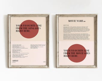 Custom Lyric Poster Set of 2 | Custom Song Print | Custom Movie Print | Song Art | Movie Poster | Lyric Wall Art | Personalised Lyric Print