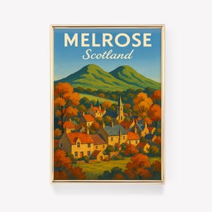 Melrose Scotland Herbst Landschaftsdruck mit Dorf Häusern, Kirchturm, Hügeln und bunten Herbst Bäumen Wandkunst