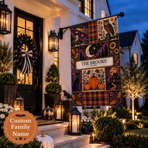 Custom Halloween Plaid Owl Lighthouse House Banner, Personalized Est Year Garden Flag, Plaid Patchwork House Flag, Fall Porch Decor