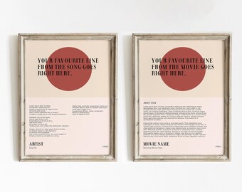 Custom Lyric Poster set of 2 | Custom Movie Print | Custom Song Print | Movie Art | Music Poster | Lyric Wall Art | Personalised Movie Print