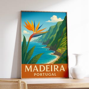 Póster de Madeira, arte mural de Portugal, impresión de acantilado costero, póster de flores tropicales, impresión del océano Atlántico