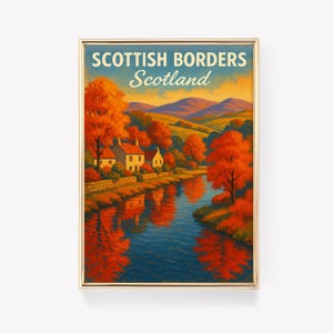 Scottish Borders Landschaftsposter Herbst Blick auf den Fluss mit roten Bäumen, Cottages, Spiegelungen und sanften Hügeln