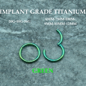 Cerchio con cerniera in titanio verde 20G/18G/16G • Anello per il naso con segmento incernierato • Anello clicker per il setto • Cerchio per cartilagine • Anello per il naso • Cerchio per orecchino a elica