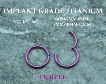 20G/18G/16G Purple Titanium Hinge Hoop • Hinged Segment Nose Ring • Septum Clicker Ring • Cartilage Hoop • Nose Ring • Helix Earring Hoop