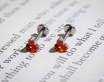 Può includere: Due piercing per labbra color argento, ciascuno con tre piccole gemme rosse rotonde. I gioielli sono posizionati su uno sfondo di pagina di libro con testo stampato.
