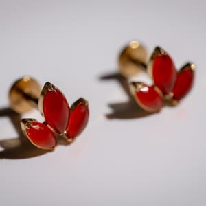 Red Marquise Leaf, Flat Back Earrings, Titanium Screw Back Studs, Cartilage Jewelry, Helix Tragus Studs, Minimalist Ear Accessories 3002