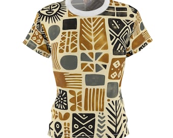 Camiseta feminina com estampa tribal - Camiseta com estampa abstrata de tecido africano de lama