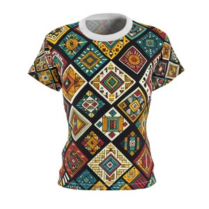 African Tribal Inspired Diamond-patterned Women&#39;s Tee: Vibrant Geometric Storytelling in Robust Colors - African Tribal Pattern-Inspired