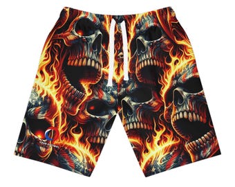 Patriotic Flaming Skull Shorts: Tattoo-Style USA Flag Design
